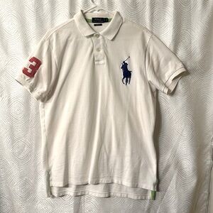 Polo Ralph Lauren, white and orange, large purple logo left lapel, polo